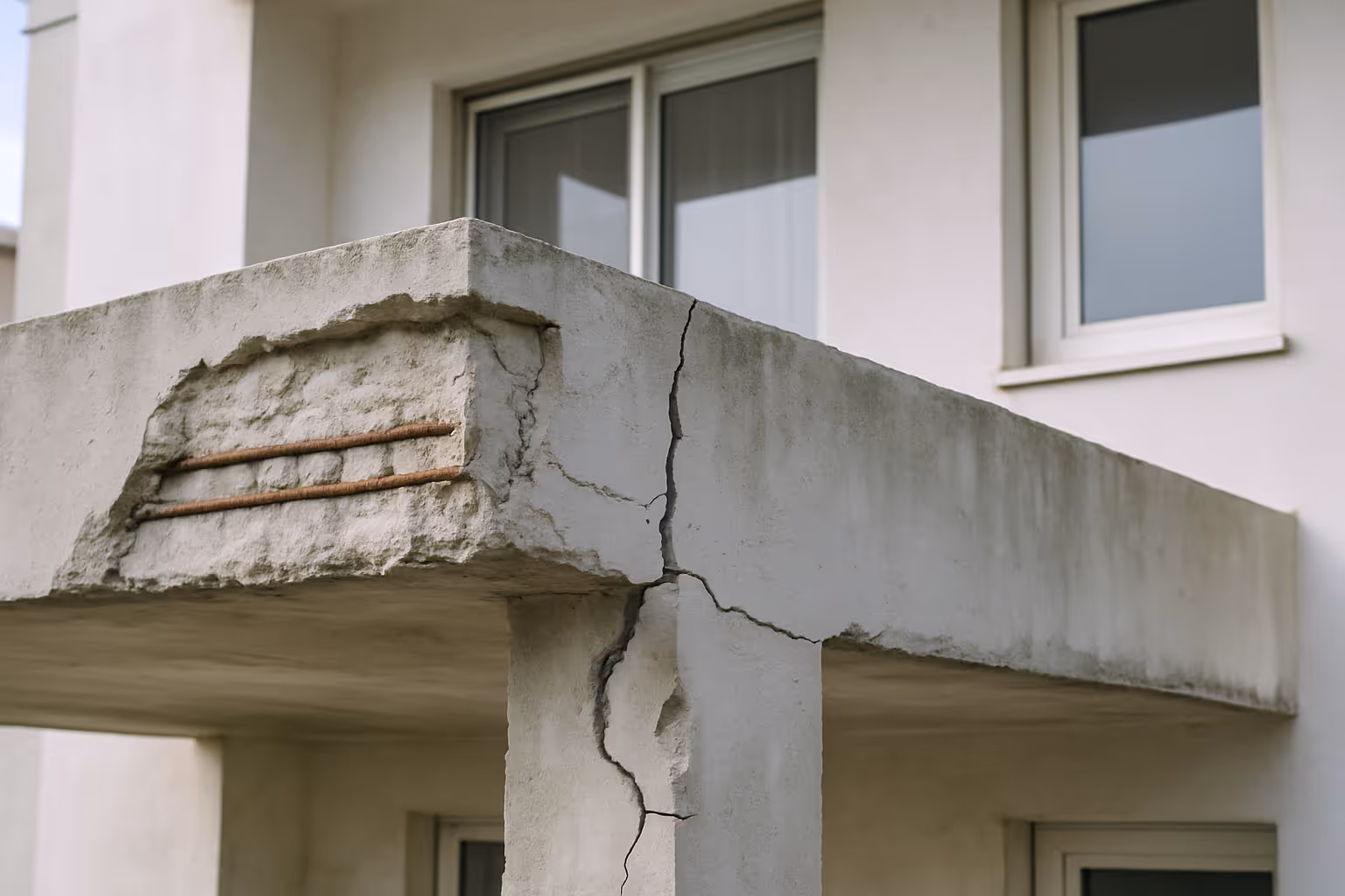 Freigelegte, korrodierte Bewehrung an einer sanierten Betonfläche in Duisburg vor der Reprofilierung