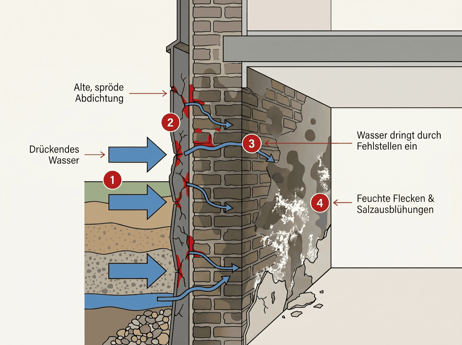 Infografik: Wasser dringt durch eine defekte alte Kellerabdichtung in das Mauerwerk ein