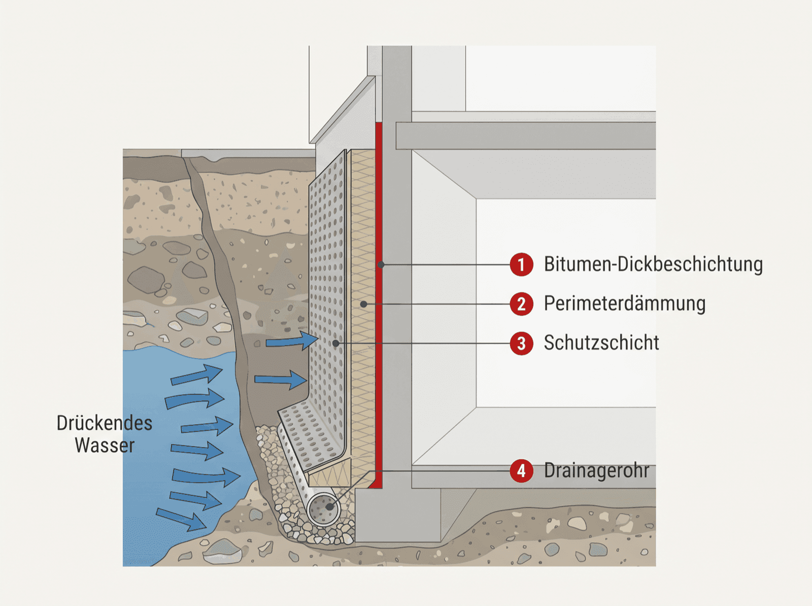 Infografik: Schichtaufbau der Kellerabdichtung von außen mit Bitumen-Dickbeschichtung, Perimeterdämmung, Schutzschicht und Drainage
