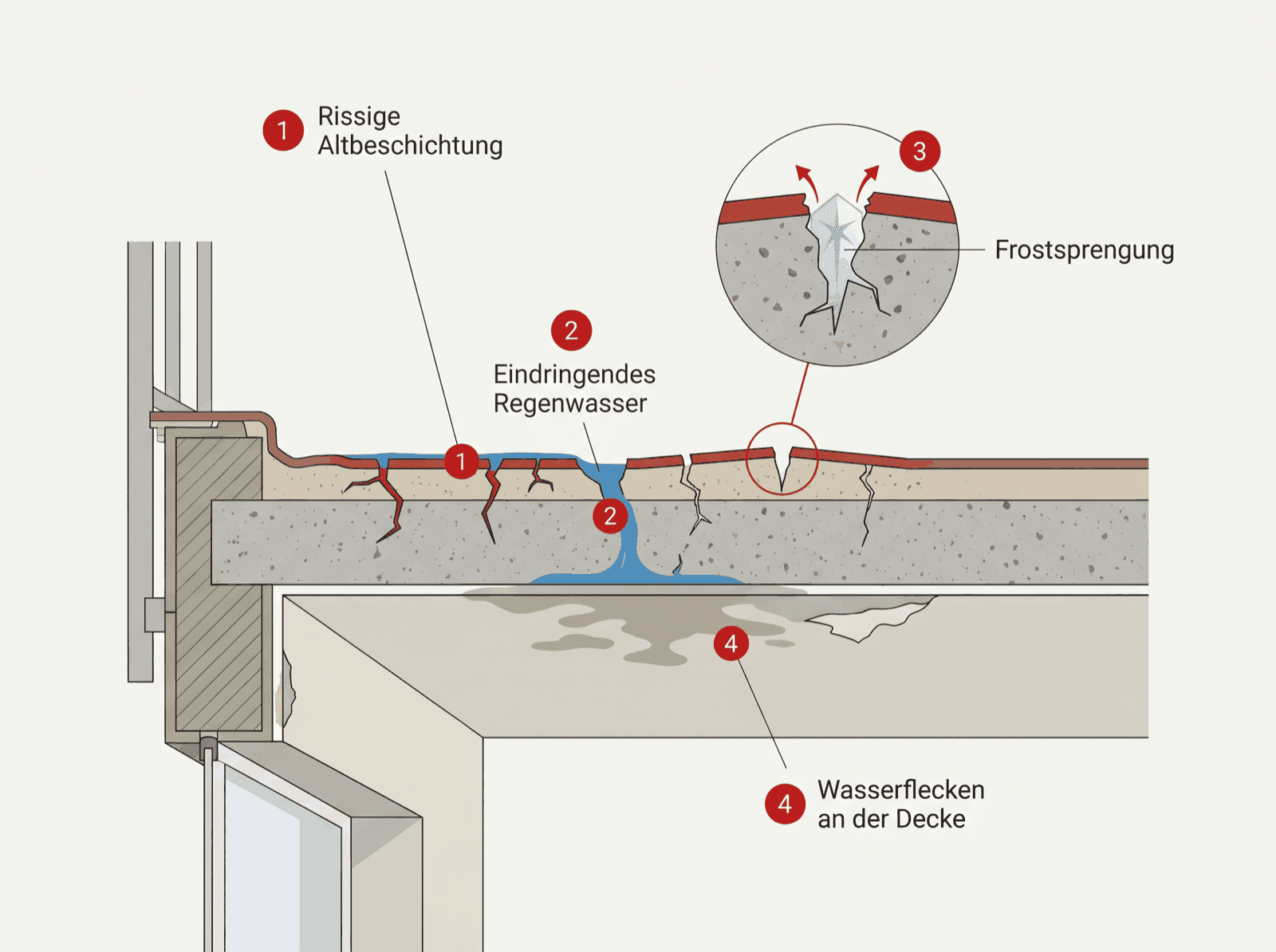 Infografik: Wasser dringt durch Risse im Belag in die Balkonplatte ein und schädigt die Bewehrung