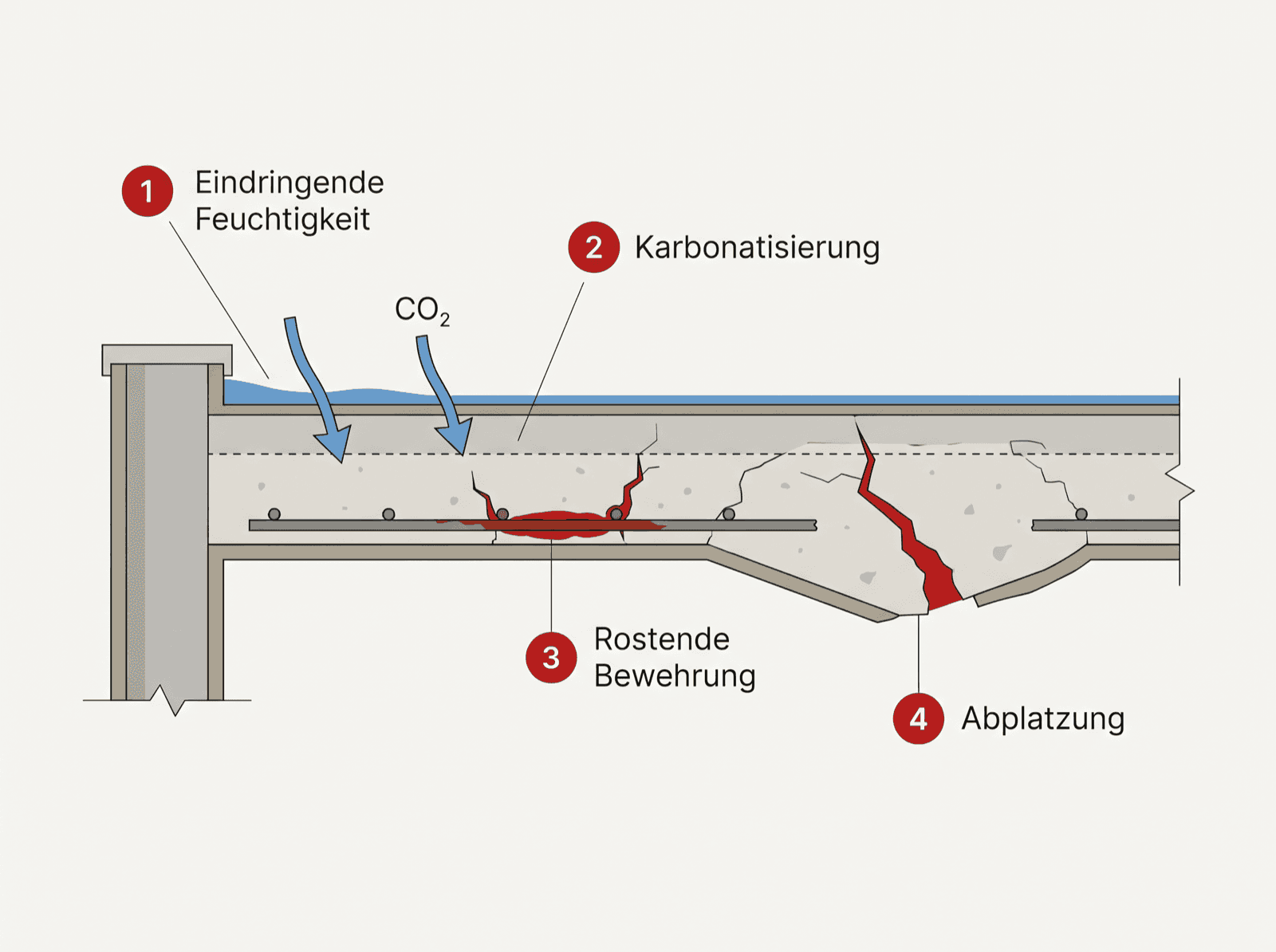 Infografik: Karbonatisierung des Betons führt zu Korrosion der Bewehrung und Abplatzungen an der Oberfläche