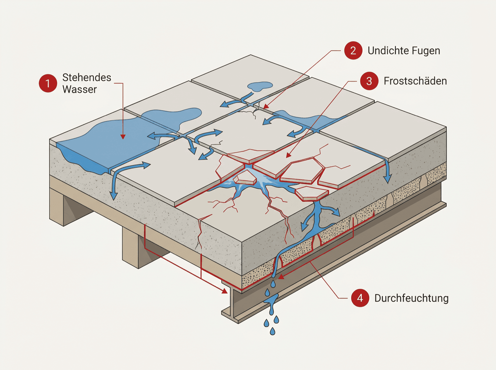 Infografik: Fehlende Abdichtung und mangelndes Gefälle lassen Wasser in einen Terrassen- oder Kellerboden eindringen