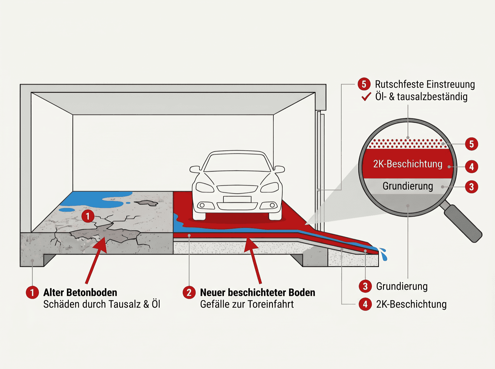 Infografik: Schichtaufbau der Garagenbeschichtung mit Grundierung, 2K-Beschichtung, Quarzsand-Einstreuung und Deckversiegelung