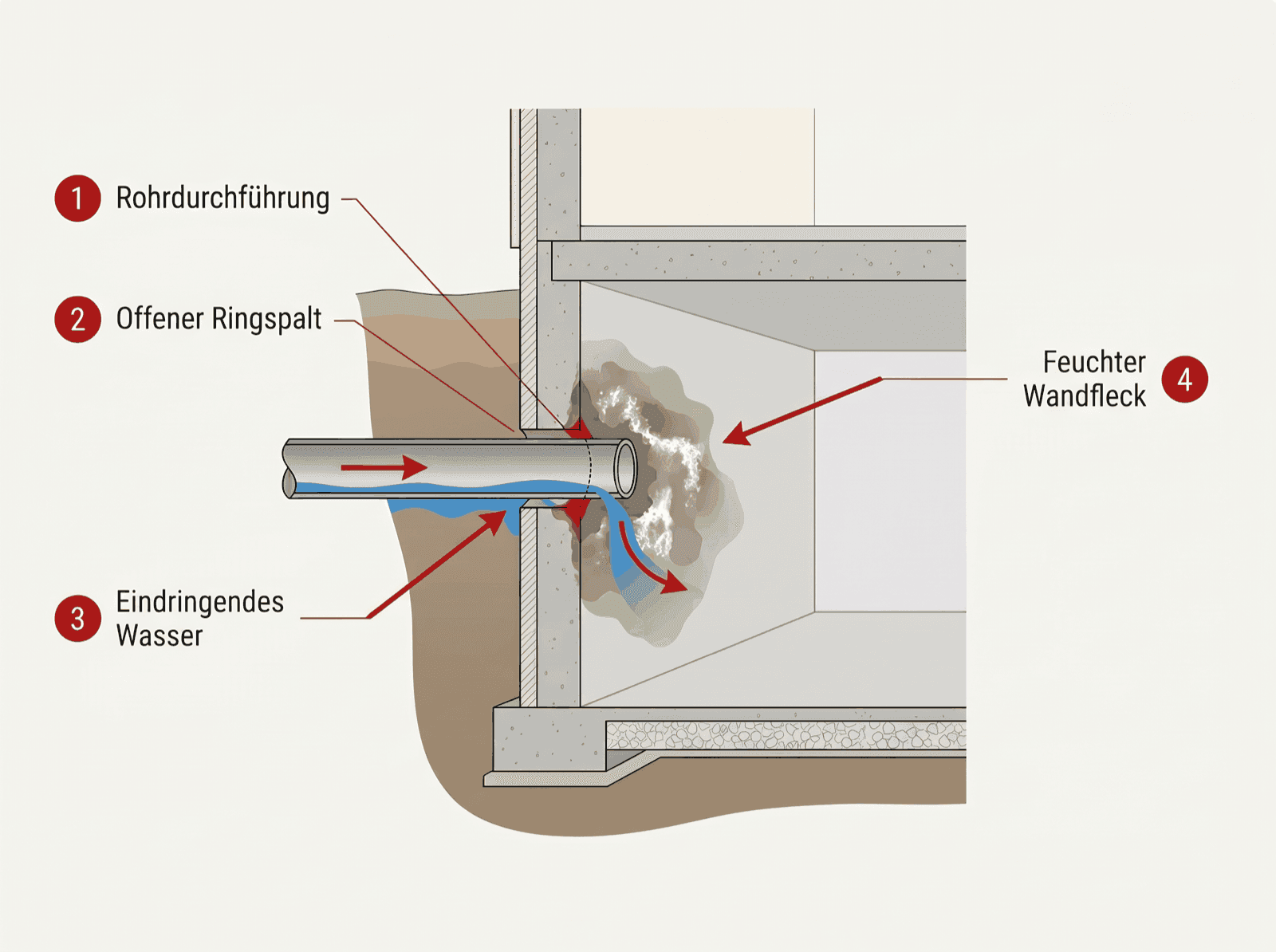 Infografik: Wasser dringt durch den Ringspalt zwischen Rohr und Mauerwerk in den Keller ein