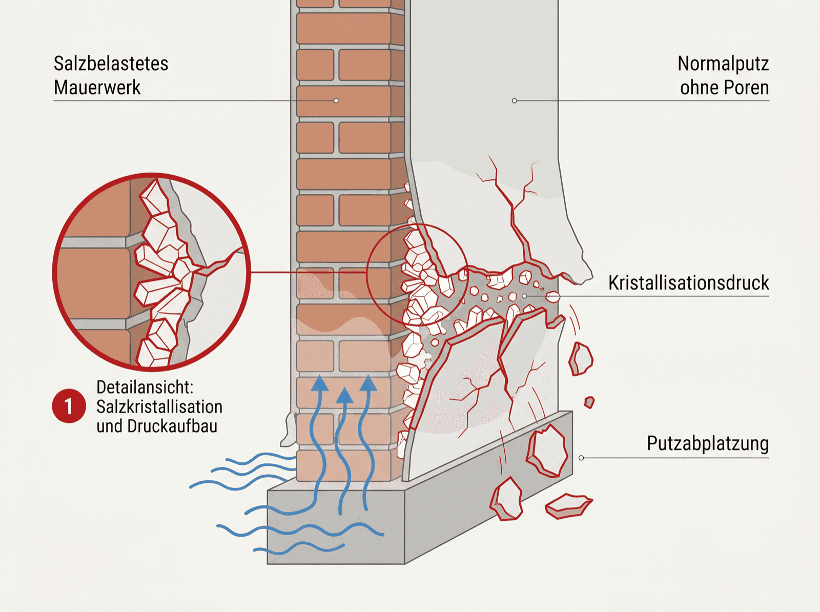 Infografik: Salze kristallisieren im gewöhnlichen Putz aus und sprengen ihn von der Wand ab