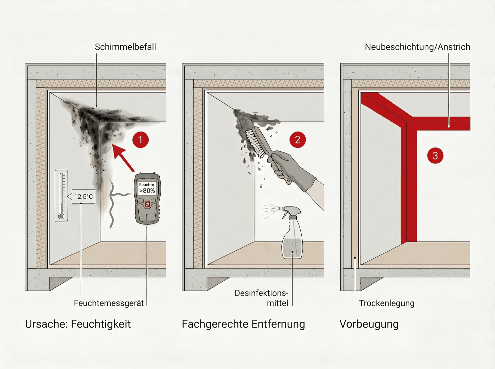 Infografik: Ablauf der Schimmelsanierung von Feuchtemessung über Entfernung und Desinfektion bis zur Ursachenbeseitigung